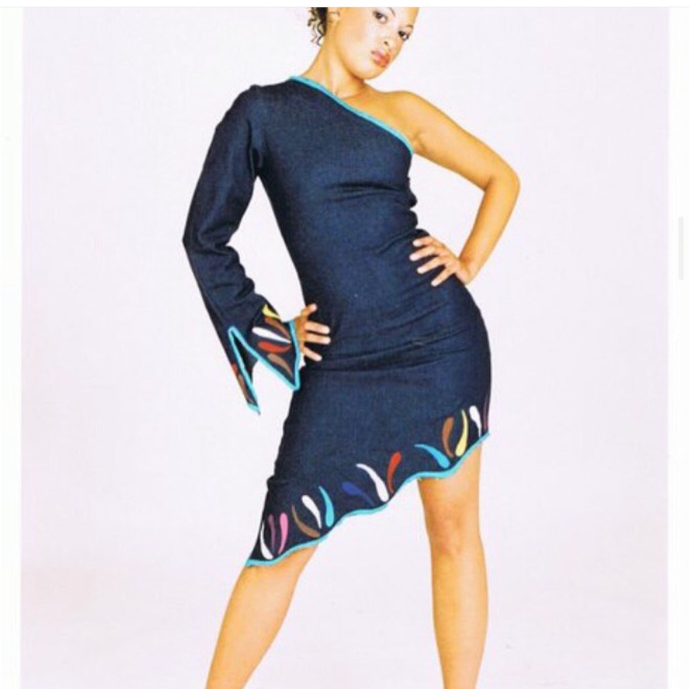 Stylish One-Shoulder Dress in Blue Denim and Handpainted Multicolored design